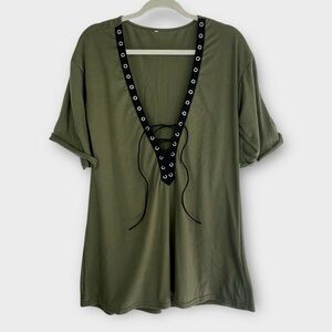 SHEIN Olive Green Lace-Up V-Neck Top – Size Medium
